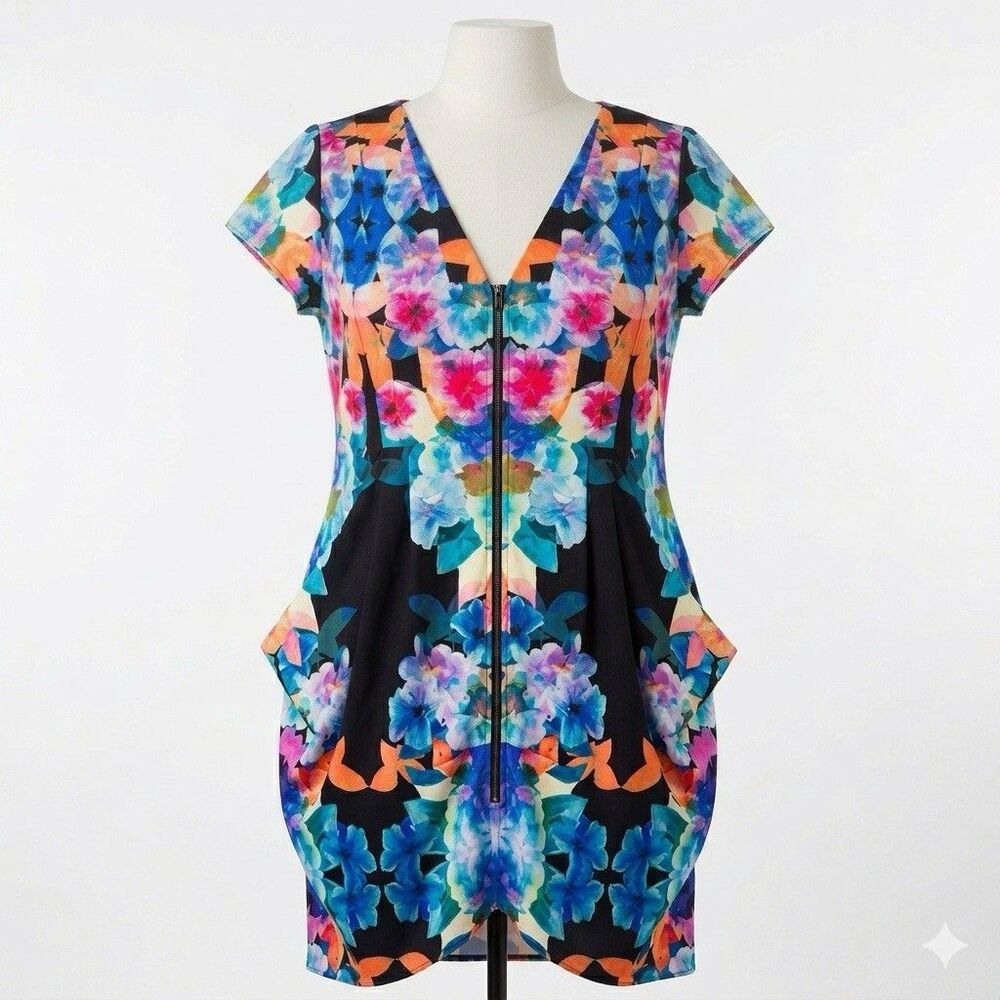 City Chic Dress 18 Plus Blue Floral Woven Mini V-Neck Summer Fall Cocktail Zip